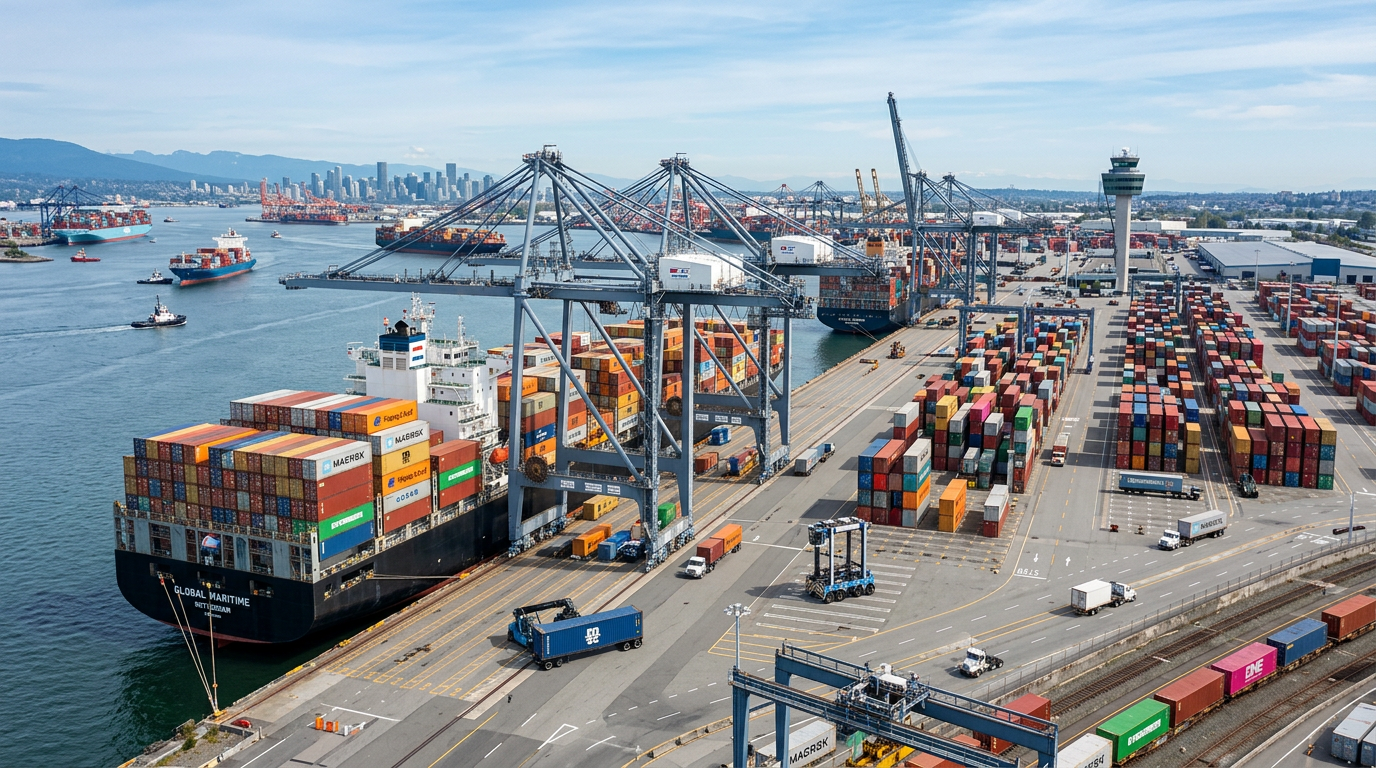 Port crane lifting a shipping container above stacked cargo containers